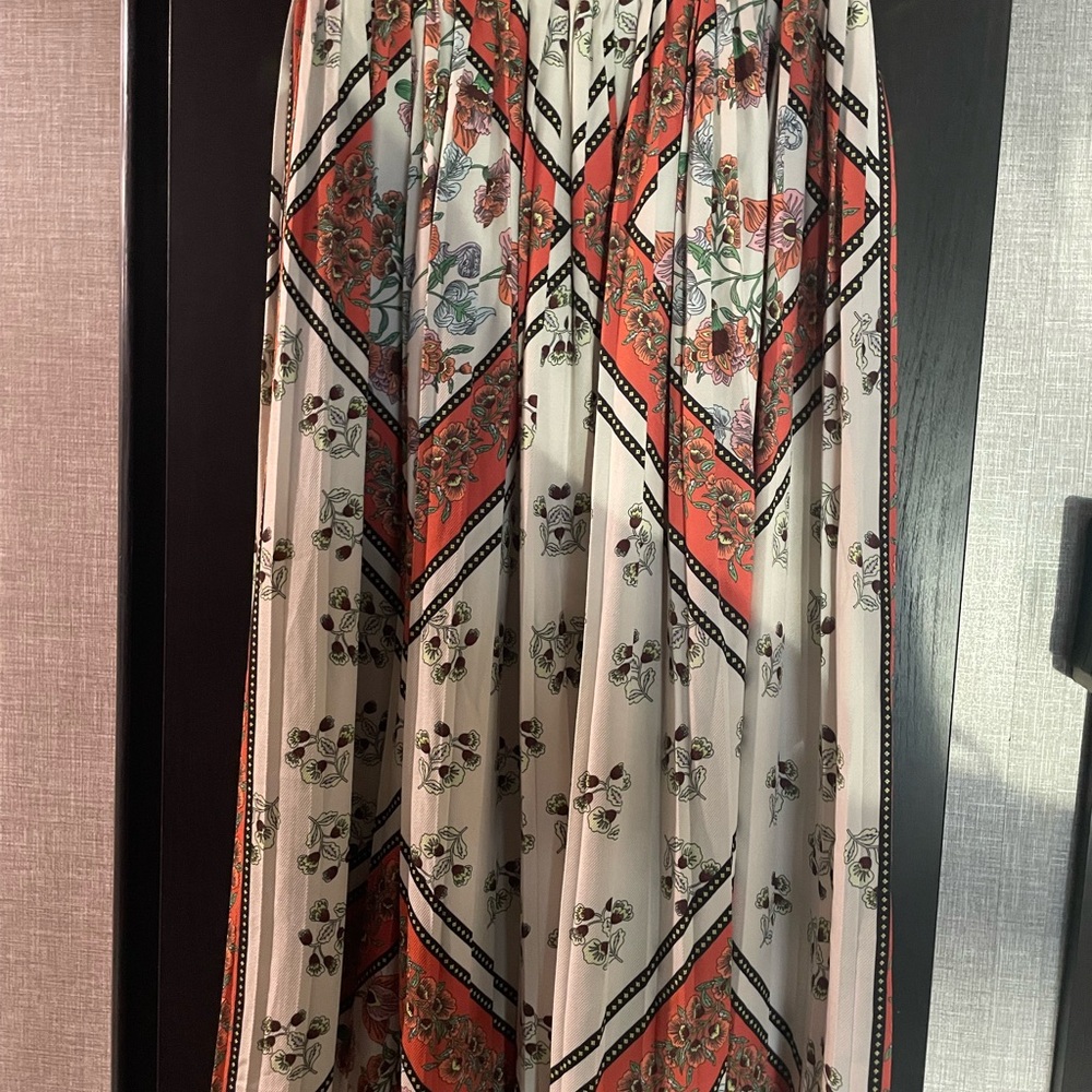 Cream and Orange Pleated A-Line Maxi Skirt